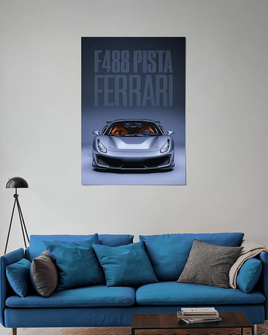 Ferrari 488 Pista Silver Front View Supercar Wall Poster | Ferrari Performance Car Wall Art