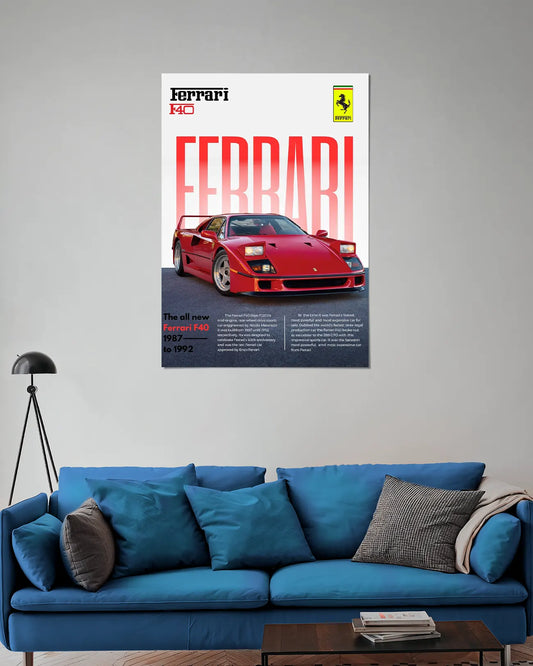 Ferrari F40 Red Classic Supercar Wall Poster | Ferrari Sports Car Wall Art