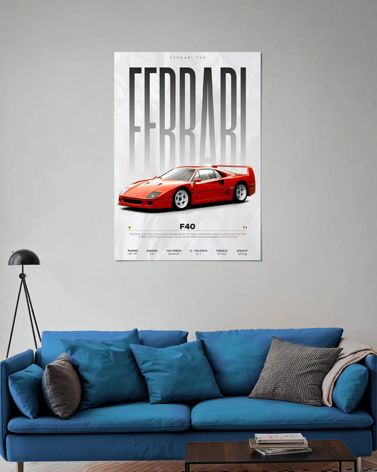Ferrari F40 Red Classic Supercar Wall Poster | Ferrari F40 Performance Wall Art