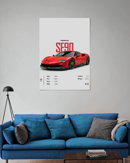 Ferrari SF90 Stradale Red Hybrid Supercar Spec Wall Poster | Ferrari Performance Car Wall Art