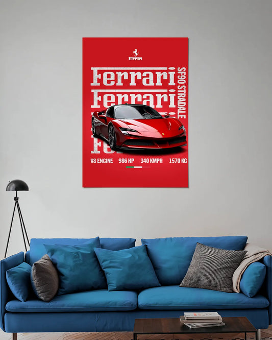 Ferrari SF90 Stradale Red Hybrid Supercar Wall Poster | Ferrari Performance Car Wall Art