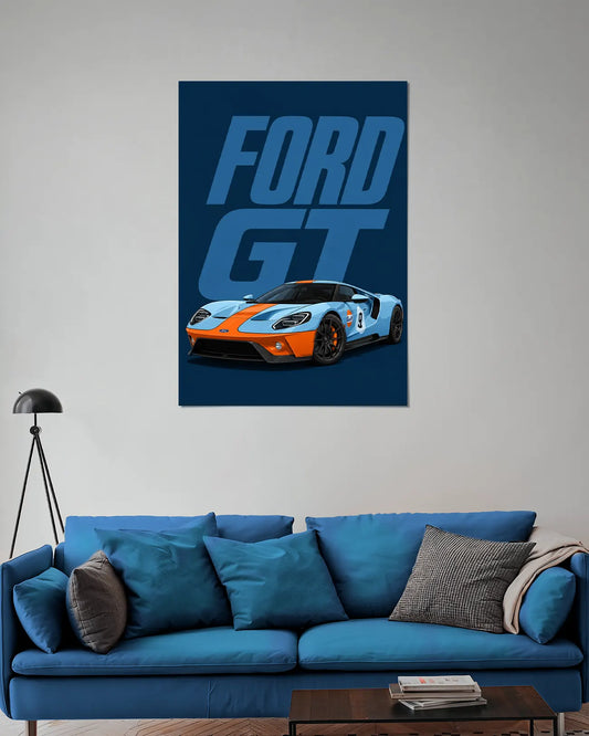 Ford GT Gulf Racing Blue Orange Supercar Wall Poster | Ford GT Racing Car Wall Art