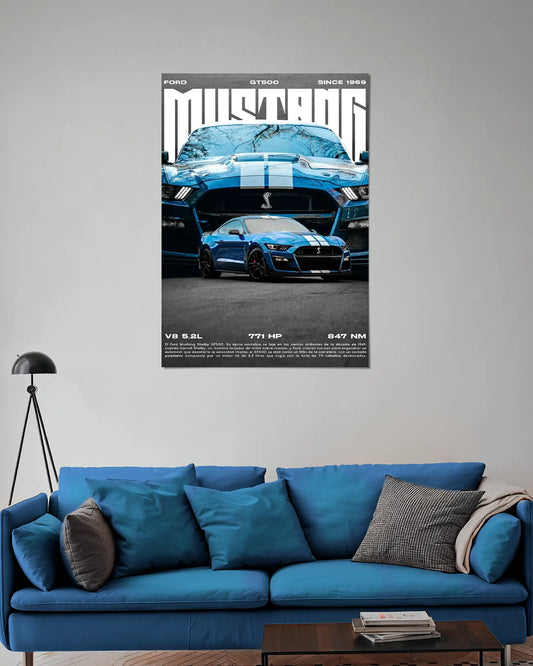 Ford Mustang Shelby GT500 Blue Muscle Car Wall Poster | Ford Performance Sports Car Wall Art