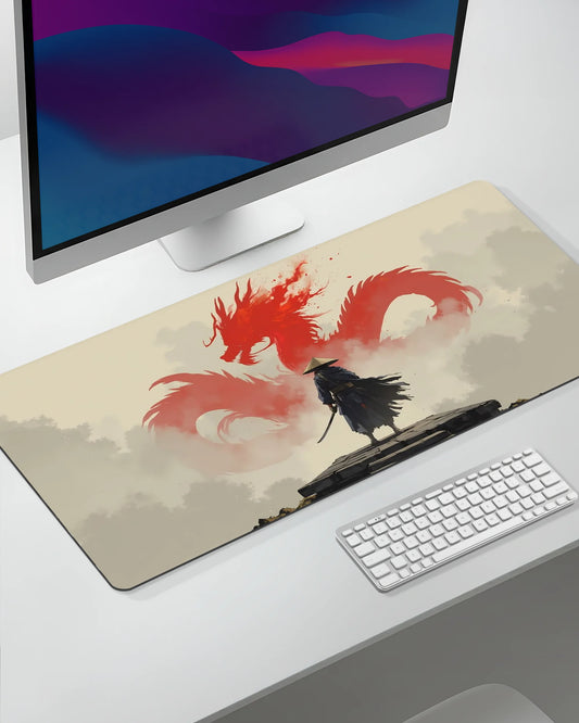 Red Dragon Samurai Desk Mat | Japanese Fantasy Extended Gaming & Office Mouse Pad