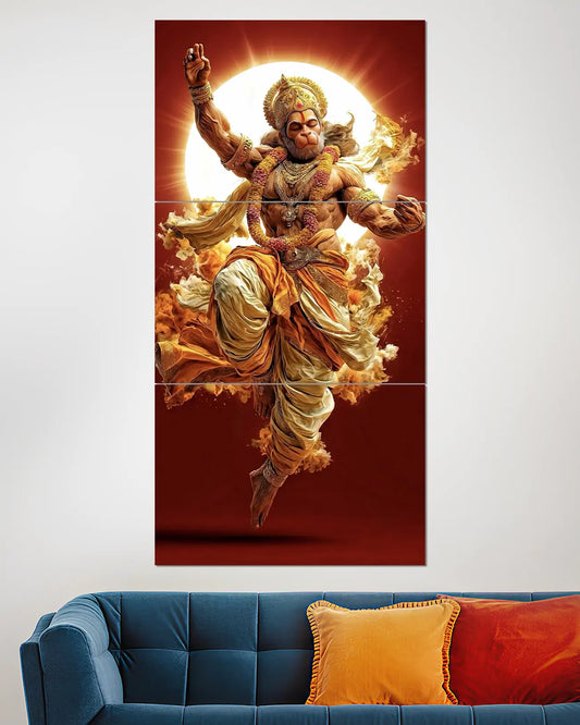 Lord Hanuman Flying Warrior Split Wall Poster | Bajrangbali Devotional Art