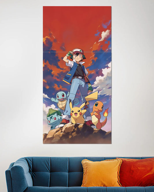Ash & Pokémon Team Split Wall Poster | Pikachu, Charizard & Squirtle Anime Wall Art