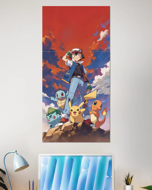 Ash & Pokémon Team Split Wall Poster | Pikachu, Charizard & Squirtle Anime Wall Art
