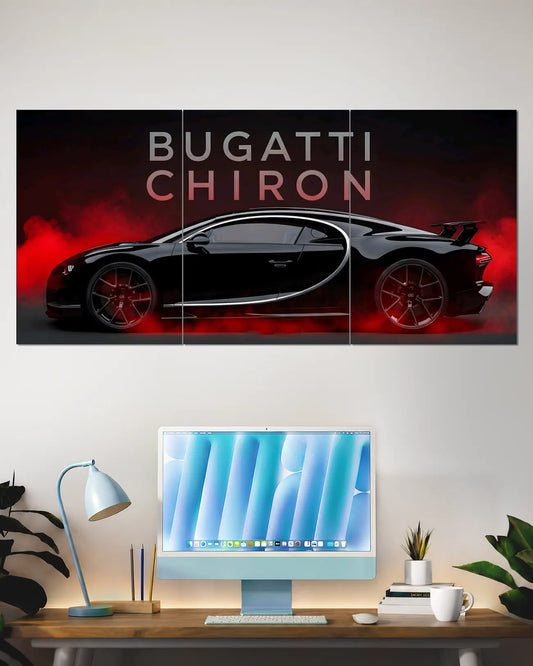 Black Bugatti Chiron Red Smoke Split Wall Poster | Luxury Supercar Wall Art