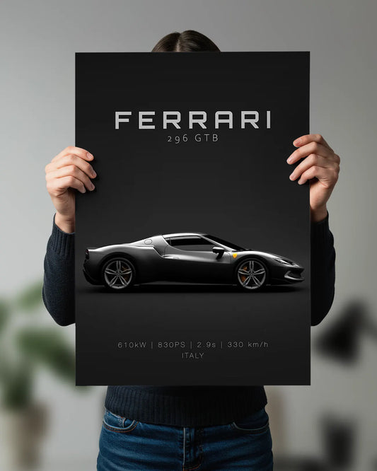 Ferrari 296 GTB Black Supercar Wall Poster | Luxury Car Wall Art