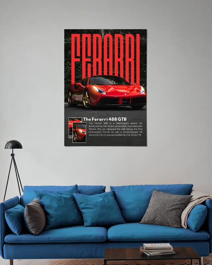 Ferrari 488 GTB Red Luxury Sports Car Wall Poster | Ferrari 488 GTB Automotive Wall Art