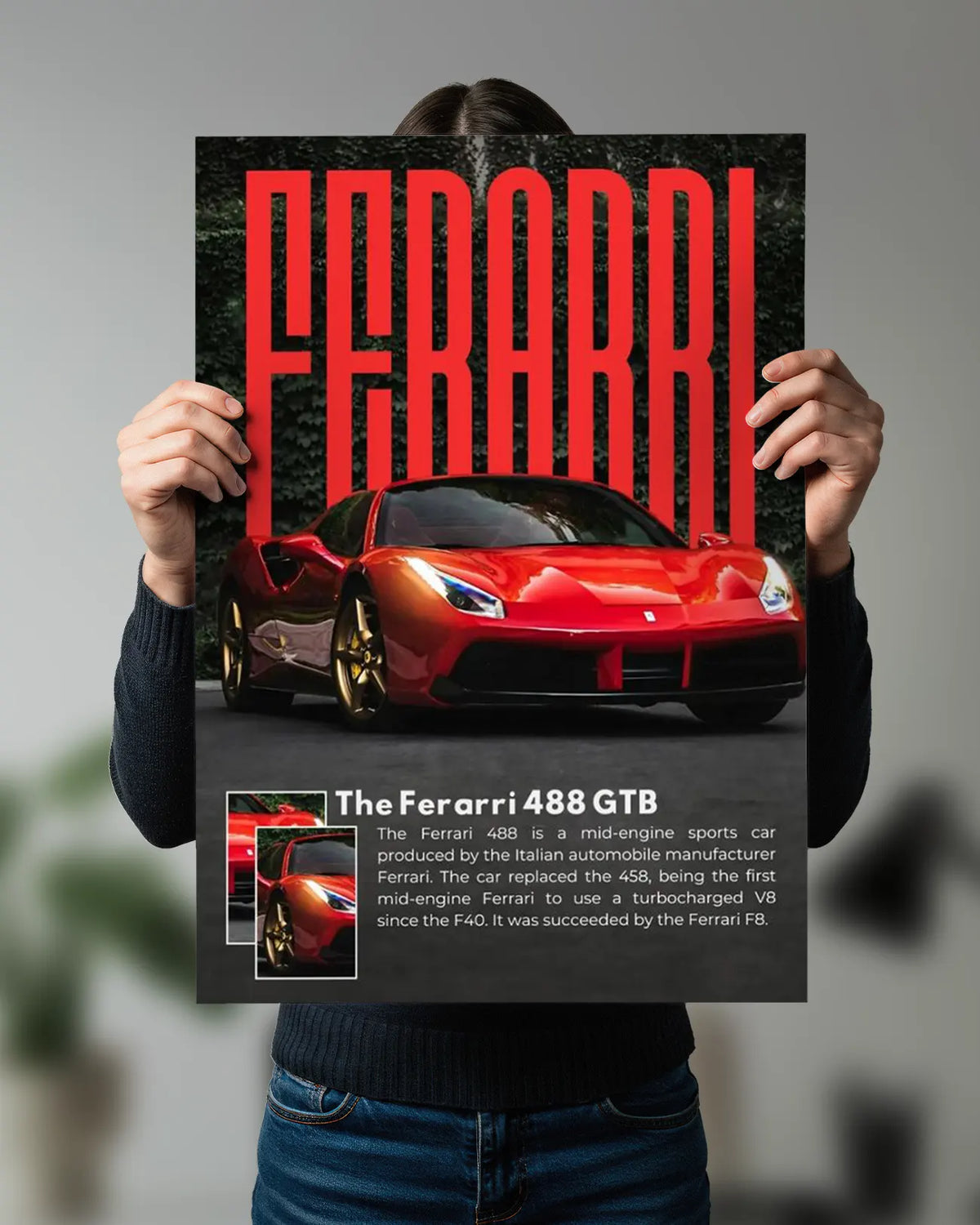 Ferrari 488 GTB Red Luxury Sports Car Wall Poster | Ferrari 488 GTB Automotive Wall Art