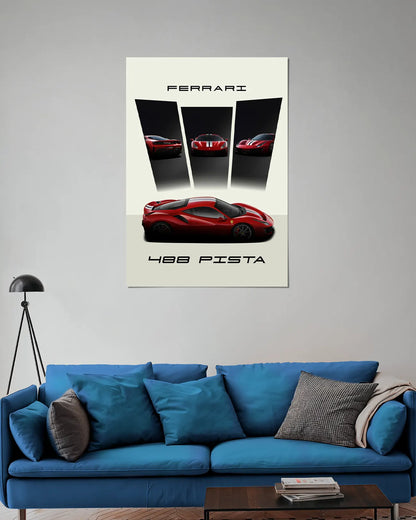 Ferrari 488 Pista Red Car Collage Wall Poster | Ferrari Supercar Multi-View Wall Art