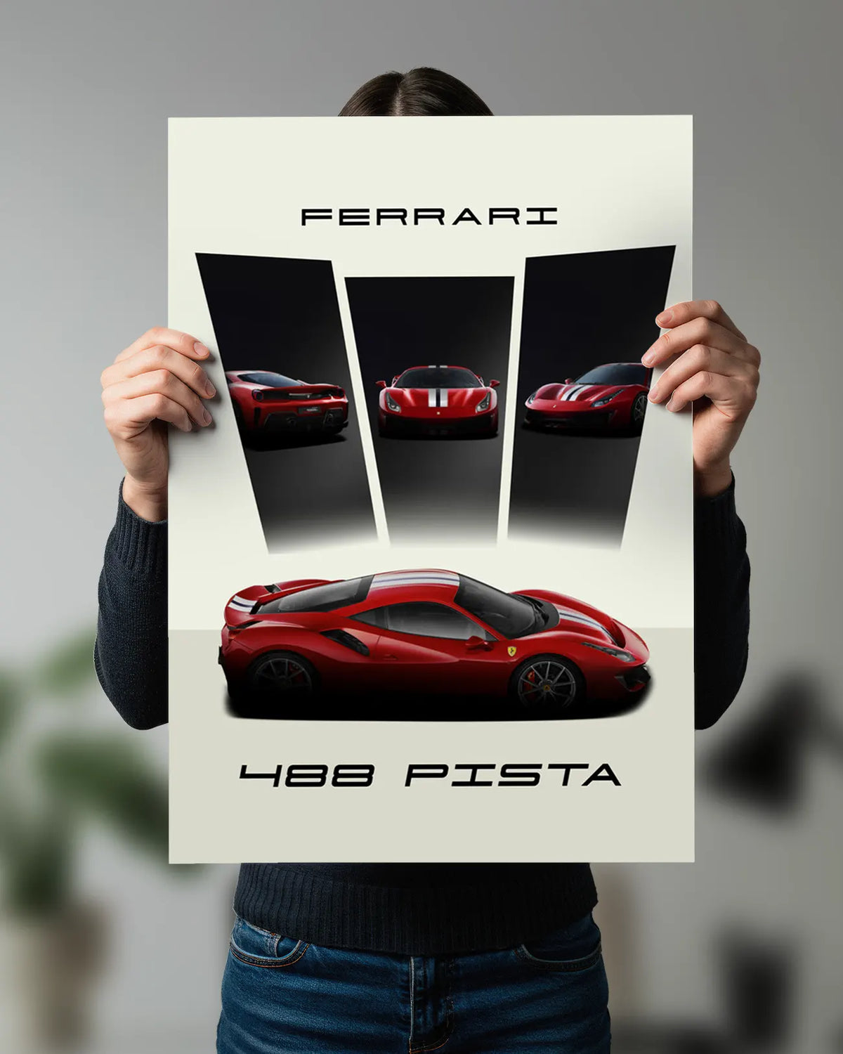 Ferrari 488 Pista Red Car Collage Wall Poster | Ferrari Supercar Multi-View Wall Art