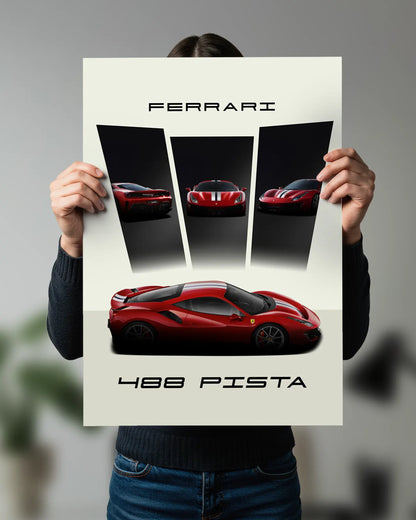 Ferrari 488 Pista Red Car Collage Wall Poster | Ferrari Supercar Multi-View Wall Art