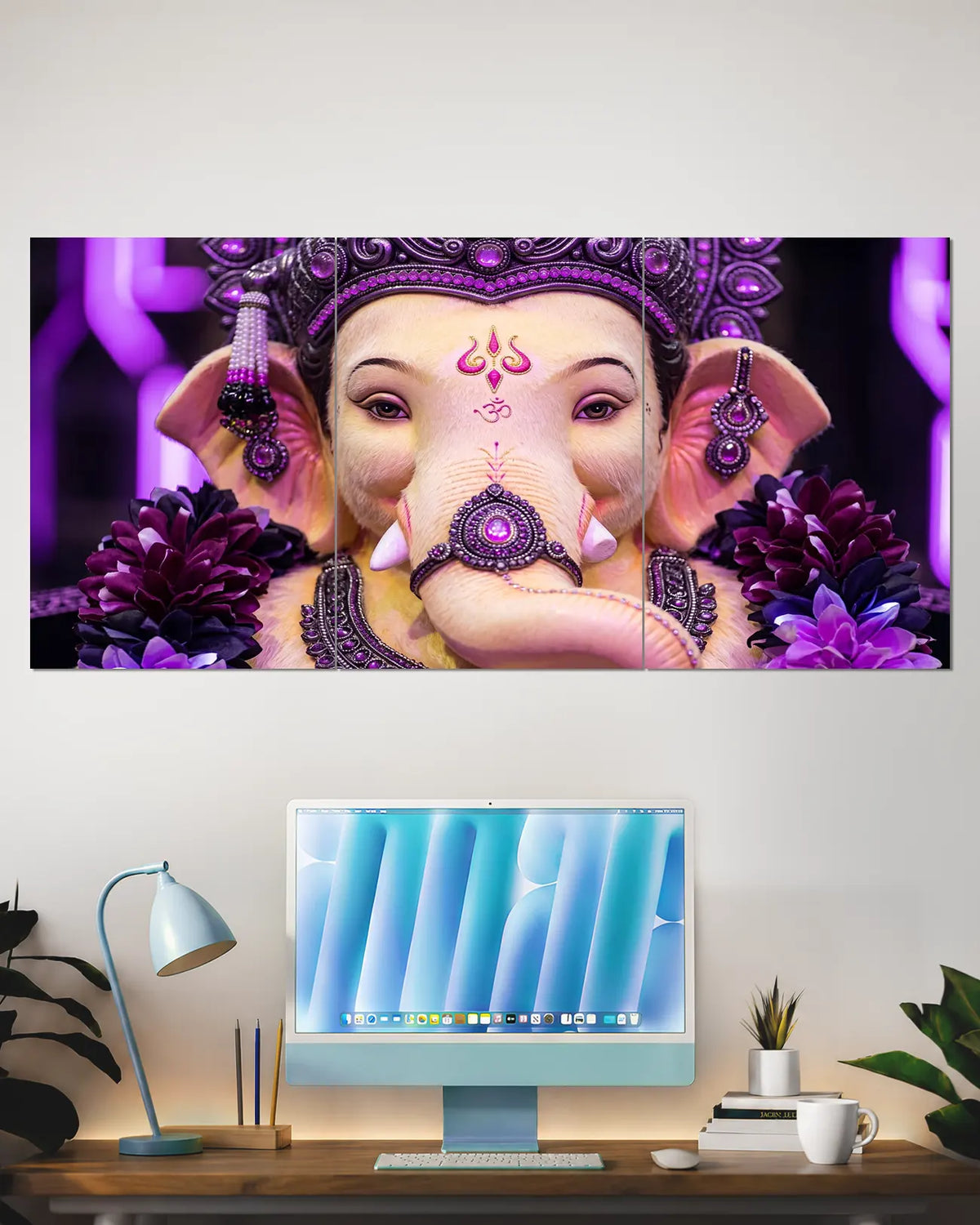 Lord Ganesha Purple Floral Split Wall Poster | Spiritual Wall Art