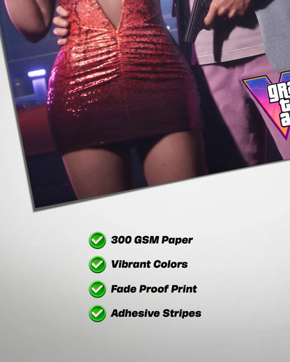 GTA VI Jason & Lucia Poster | Grand Theft Auto 6 Neon Gaming Wall Art