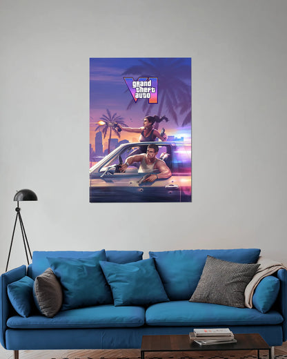 Grand Theft Auto VI Vice City Chase Poster | GTA 6 Inspired Action Gaming Wall Art
