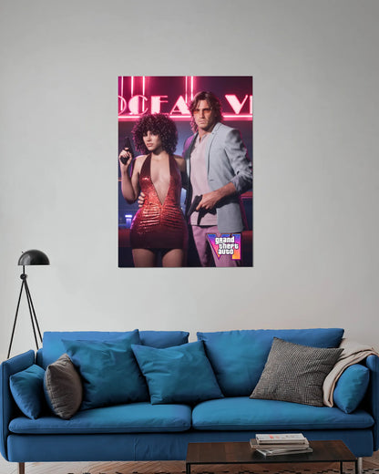 GTA VI Jason & Lucia Poster | Grand Theft Auto 6 Neon Gaming Wall Art