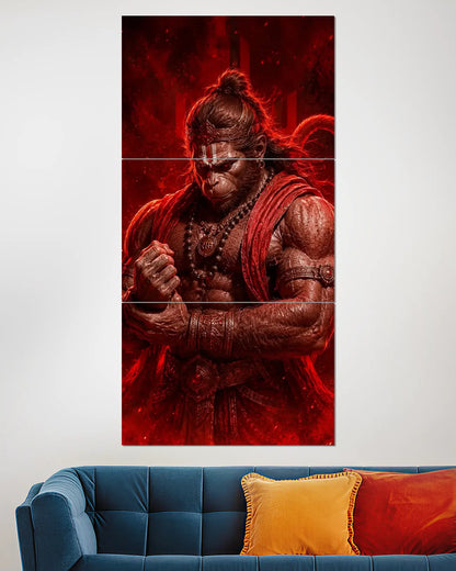 Hanuman Ji Red Warrior Split Wall Poster | Powerful Bajrangbali Art