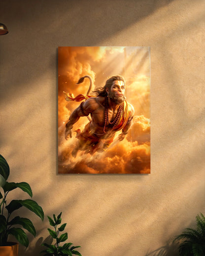 Hanuman Flying Metal Poster | Divine Bajrangbali Wall Art
