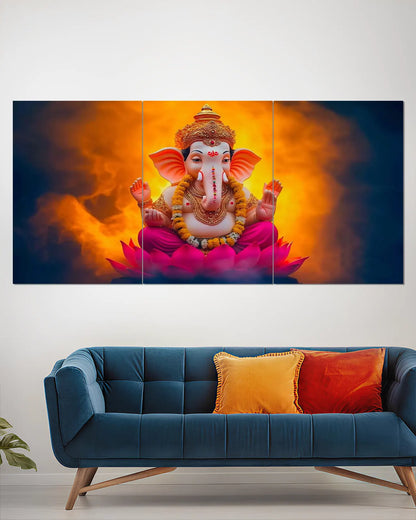 Lord Ganesha Lotus Orange Glow Split Wall Poster | Spiritual Wall Art