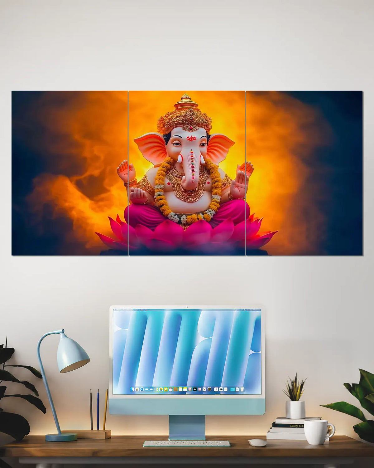 Lord Ganesha Lotus Orange Glow Split Wall Poster | Spiritual Wall Art