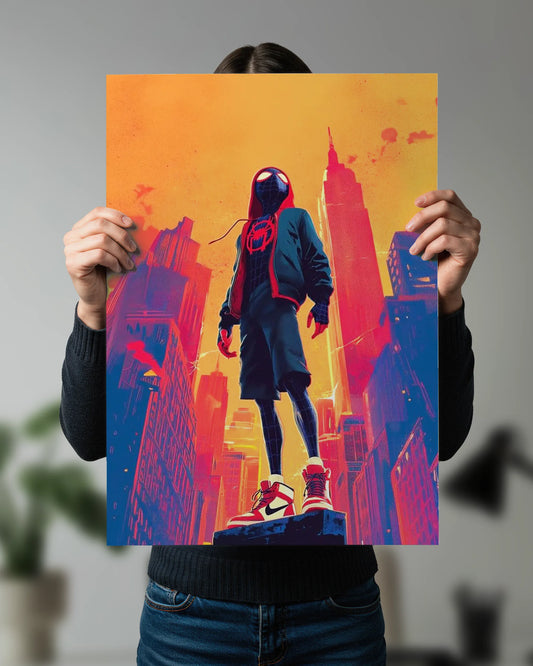 Miles Morales Street Hero Poster | Neon City Superhero Wall Art | Spiderman
