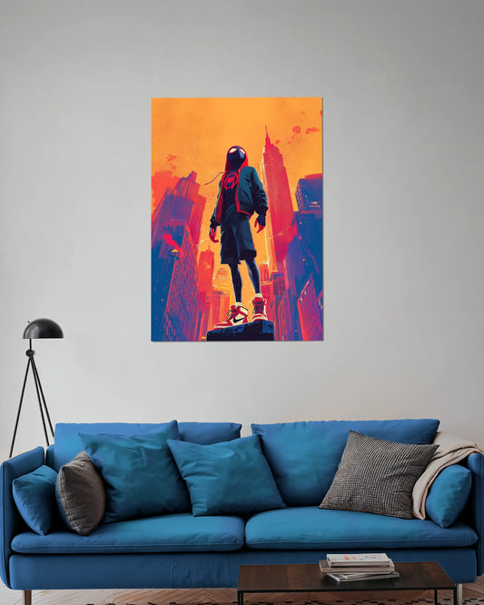 Miles Morales Street Hero Poster | Neon City Superhero Wall Art | Spiderman