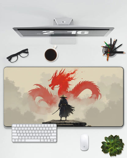 Red Dragon Samurai Desk Mat | Japanese Fantasy Extended Gaming & Office Mouse Pad