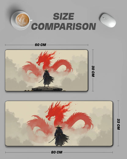 Red Dragon Samurai Desk Mat | Japanese Fantasy Extended Gaming & Office Mouse Pad